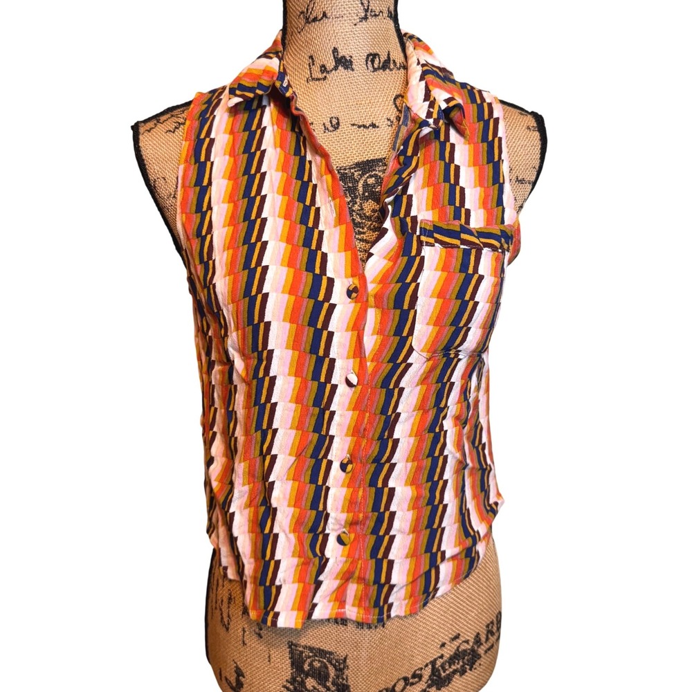 Forever‎ 21 Womens Small Multi Color Geometric Sleeveless Button Down Crop Top